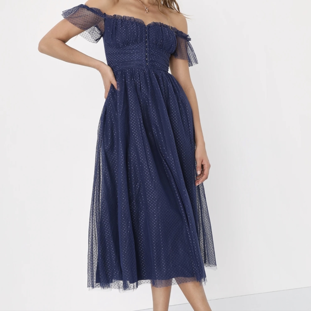 Lulu's Regal Radiance Navy Blue Tulle Bustier Midi Dress